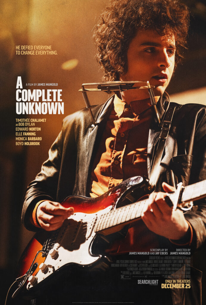 Official poster for A Complete Unknown, featuring Timothee Chalamet as Bob Dylan on the right side of the poster, holding a Fender stratocaster and facing to the right edge of the poster. On the left side is the movie title and a slew of credits.